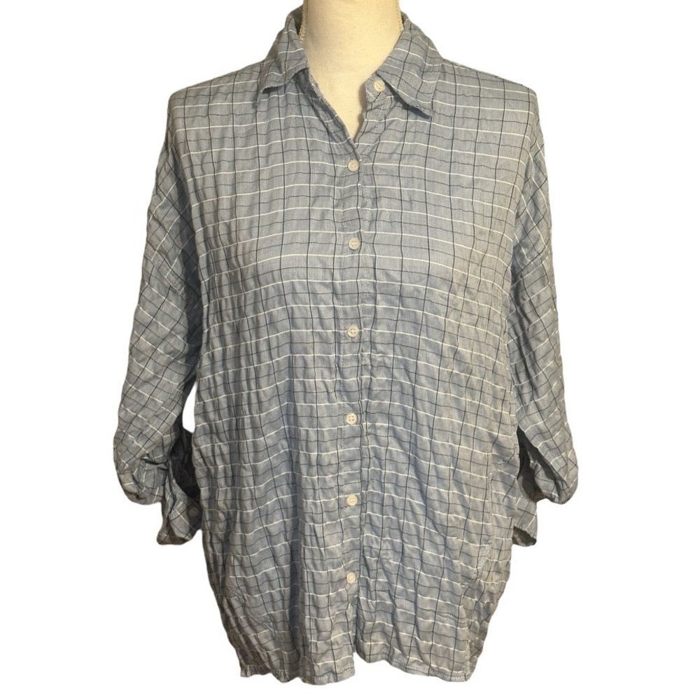 Max Studio Crinkled Blue/White Plaid Longsleeve Top NWT